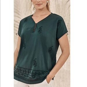J. Jill Pure Jill Embroidered Buttoned V-Neck Tee Top Viridian Green NWT